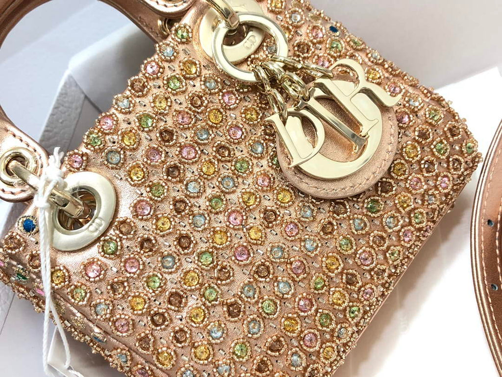 Dior S0856 MICRO LADY DIOR BAG Horizon Gold Metallic Cannage Lambskin With Round Diamond