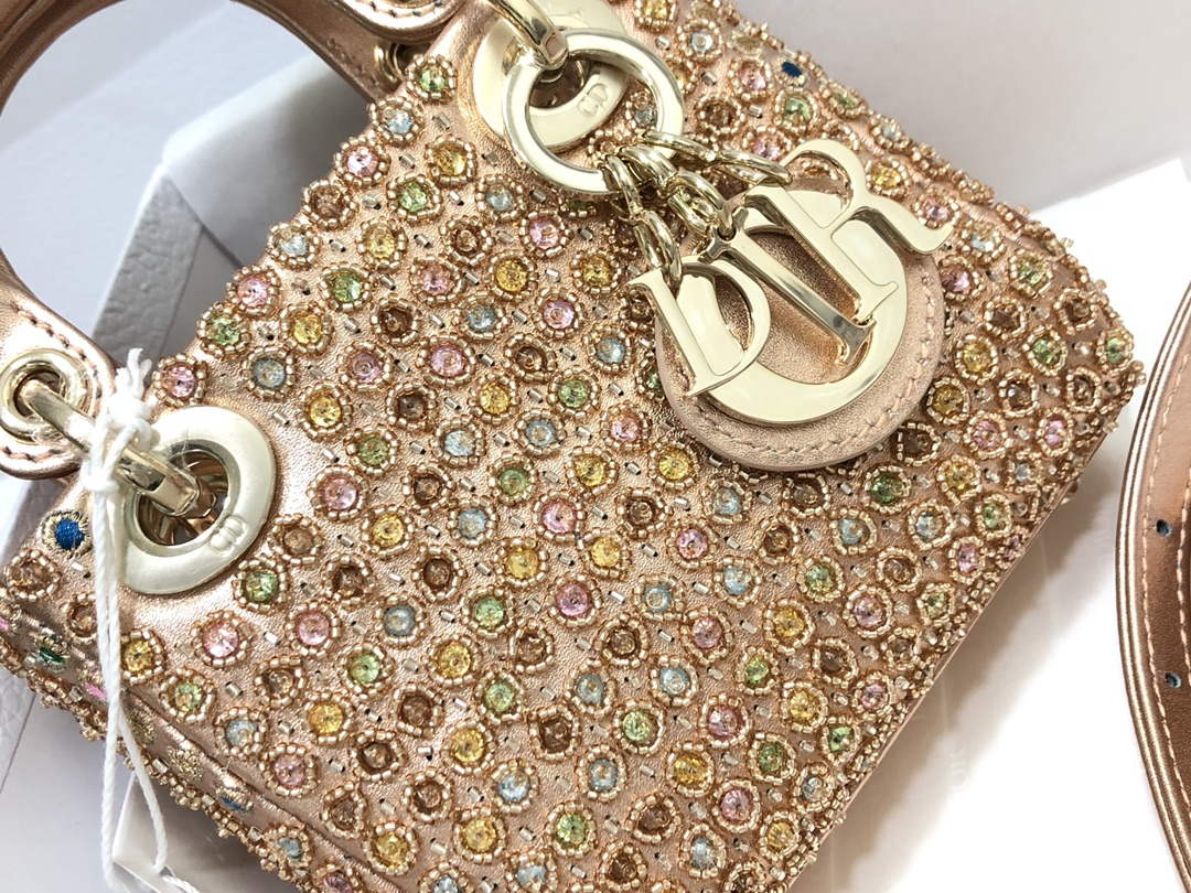 Dior S0856 MICRO LADY DIOR BAG Horizon Gold Metallic Cannage Lambskin With Round Diamond