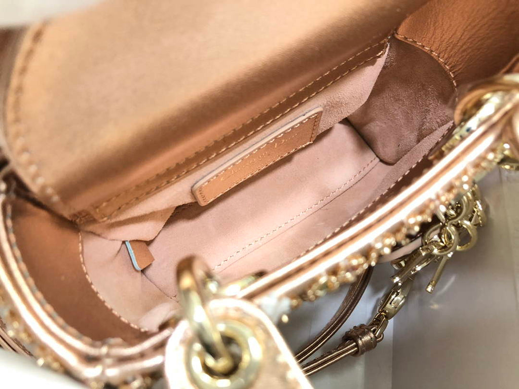 Dior S0856 MICRO LADY DIOR BAG Horizon Gold Metallic Cannage Lambskin With Round Diamond