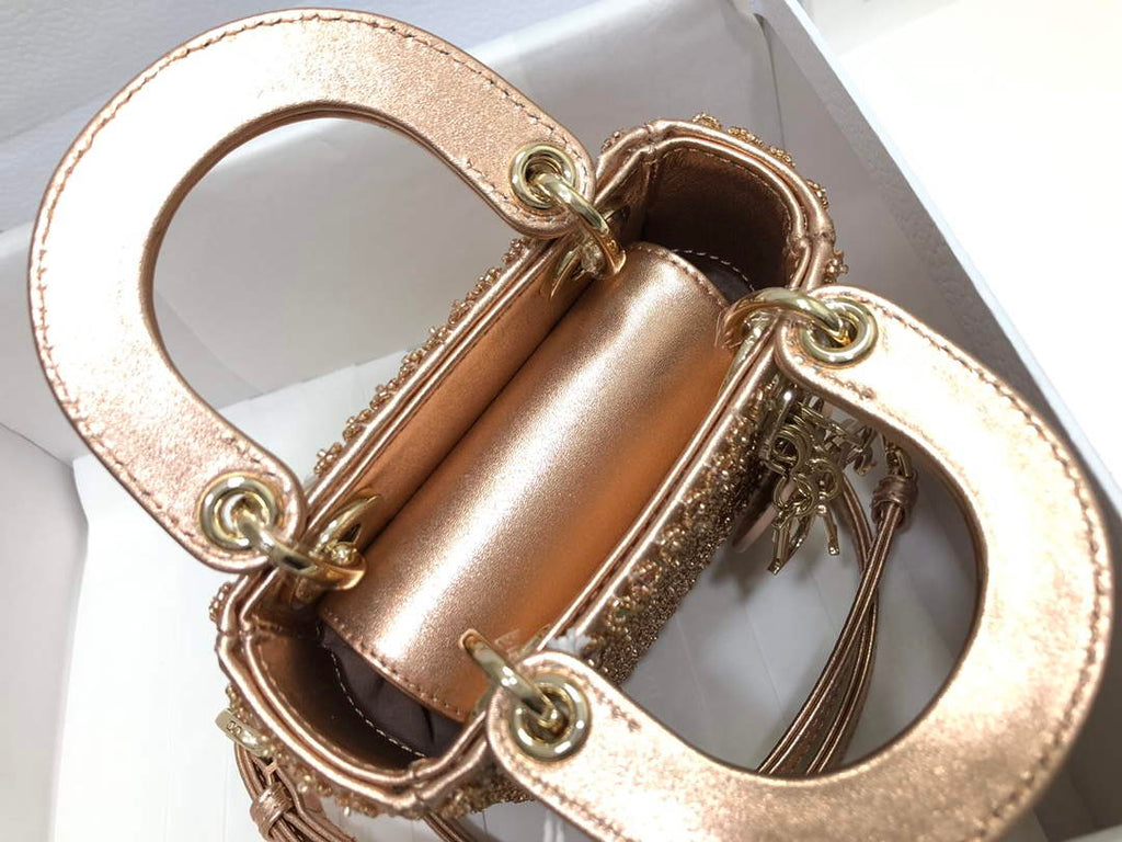 Dior S0856 MICRO LADY DIOR BAG Horizon Gold Metallic Cannage Lambskin With Round Diamond