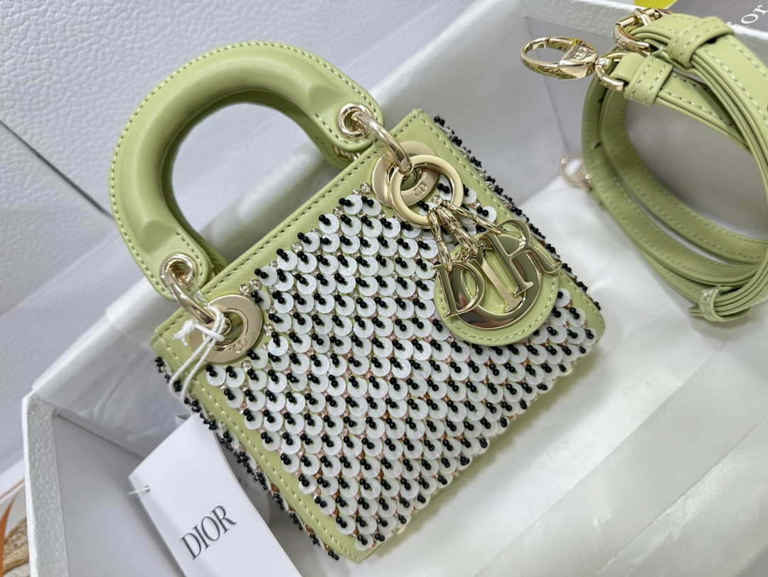 Dior S0856 Micro Lady Dior Bag Horizon Green Metallic Cannage Lambskin embroidery sequins - Default Title - View 1