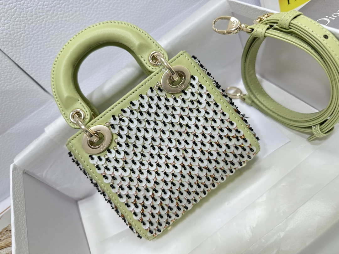 Dior S0856 Micro Lady Dior Bag Horizon Green Metallic Cannage Lambskin embroidery sequins - Default Title - View 2
