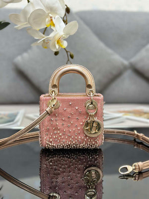 Dior S0856 MICRO LADY DIOR BAG Horizon Metallic Cannage Lambskin embroidery beads Pink - Default Title - View 1
