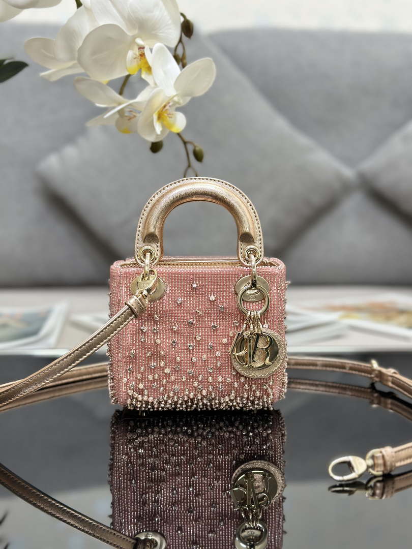 Dior S0856 MICRO LADY DIOR BAG Horizon Metallic Cannage Lambskin embroidery beads Pink - Default Title - View 1