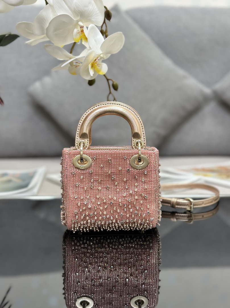 Dior S0856 MICRO LADY DIOR BAG Horizon Metallic Cannage Lambskin embroidery beads Pink