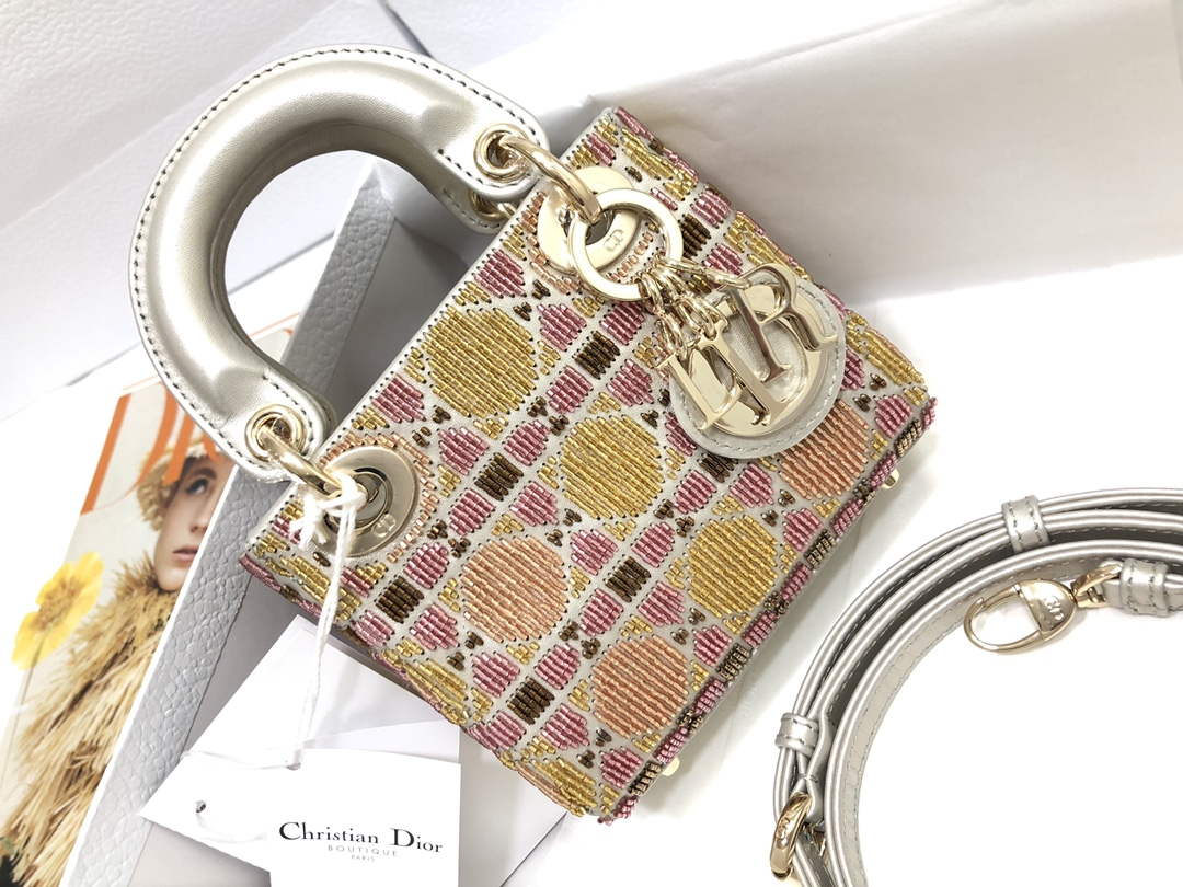 Dior S0856 MICRO LADY DIOR BAG Horizon Yellow and Pink Metallic Cannage Lambskin Embroidered with Beads