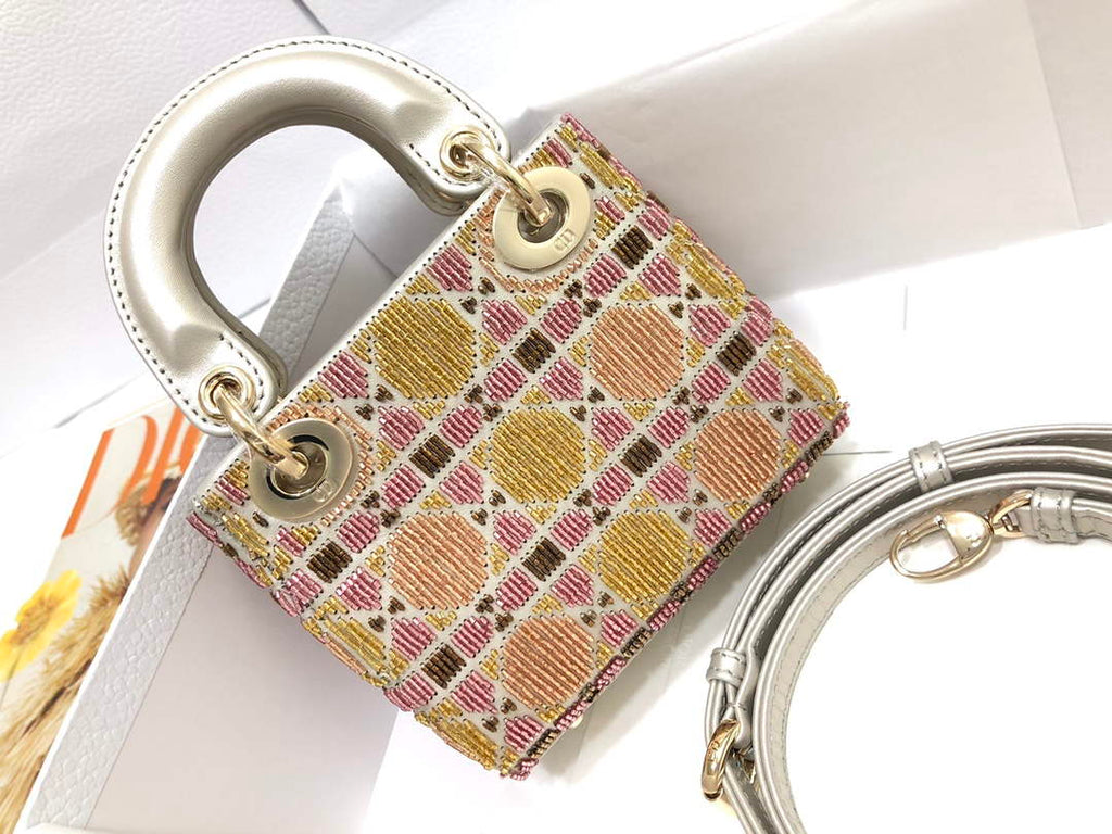 Dior S0856 MICRO LADY DIOR BAG Horizon Yellow and Pink Metallic Cannage Lambskin Embroidered with Beads