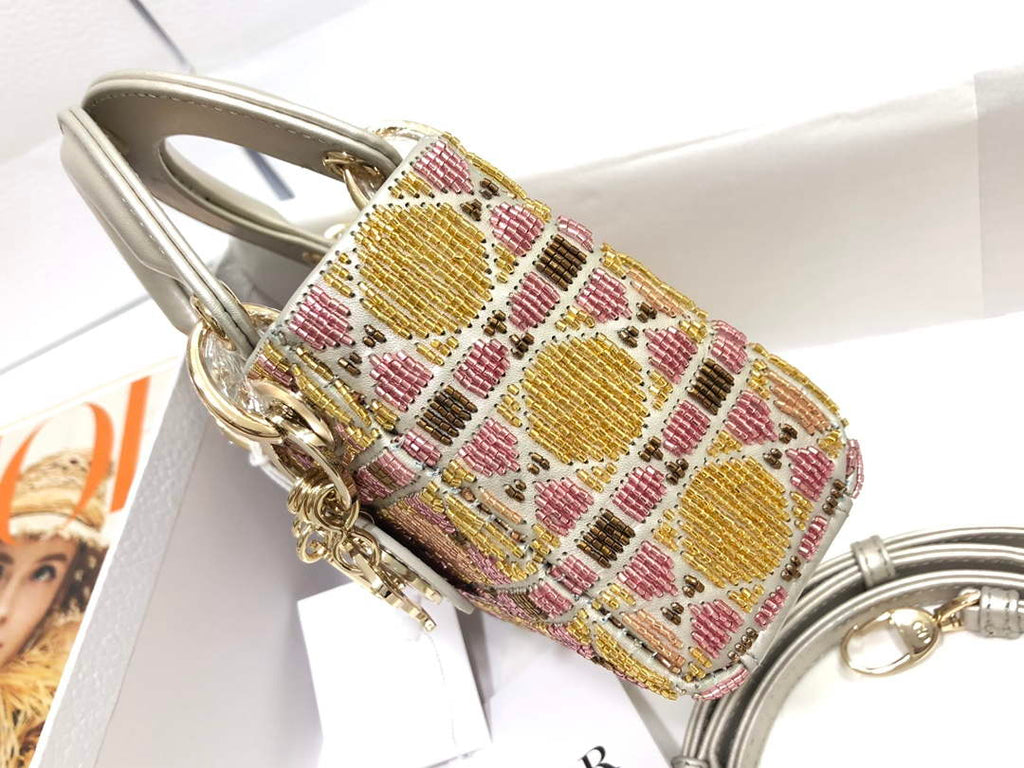 Dior S0856 MICRO LADY DIOR BAG Horizon Yellow and Pink Metallic Cannage Lambskin Embroidered with Beads
