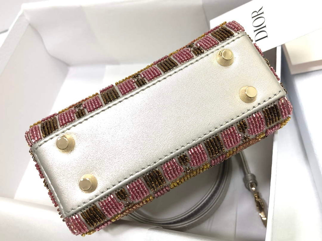 Dior S0856 MICRO LADY DIOR BAG Horizon Yellow and Pink Metallic Cannage Lambskin Embroidered with Beads
