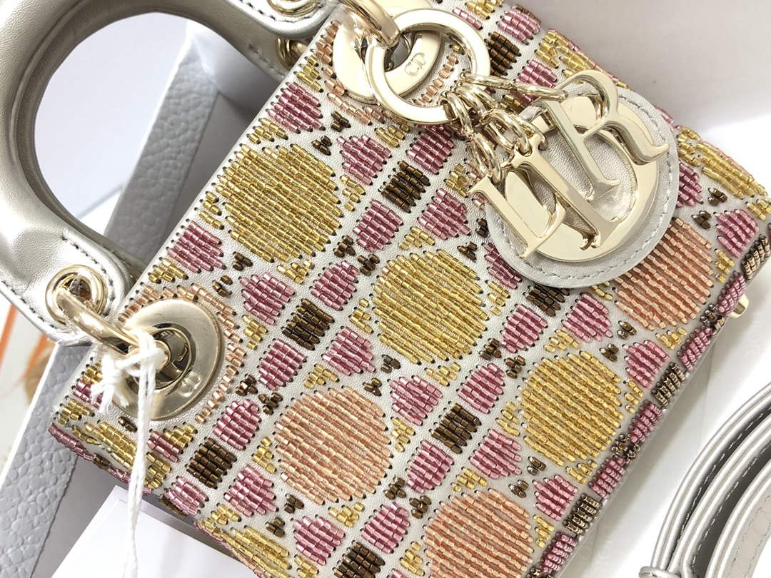 Dior S0856 MICRO LADY DIOR BAG Horizon Yellow and Pink Metallic Cannage Lambskin Embroidered with Beads