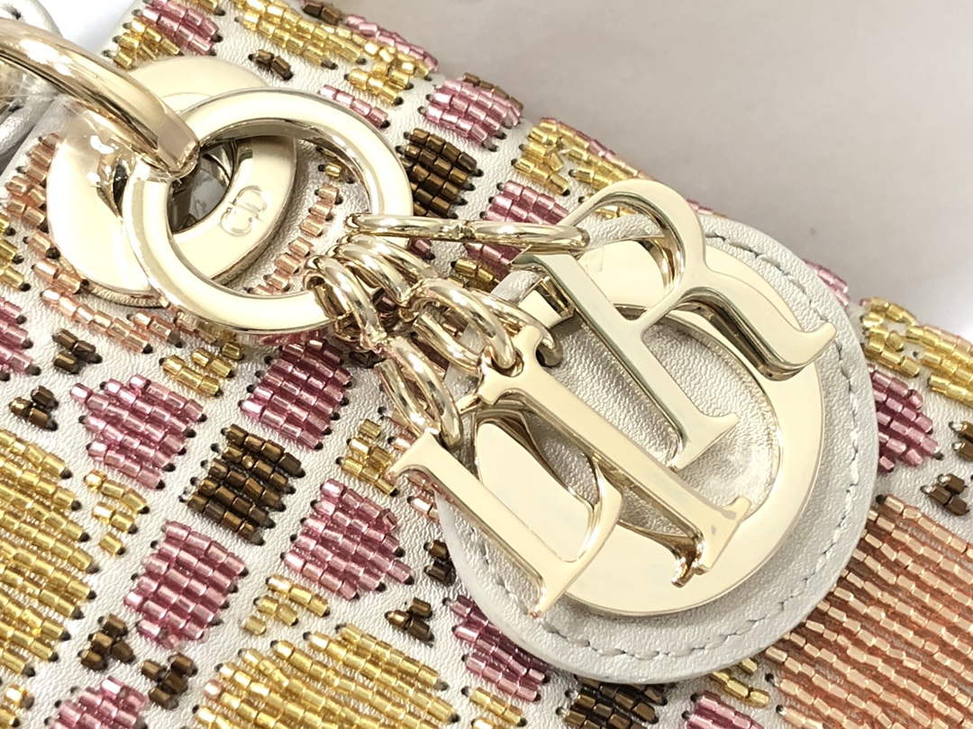 Dior S0856 MICRO LADY DIOR BAG Horizon Yellow and Pink Metallic Cannage Lambskin Embroidered with Beads