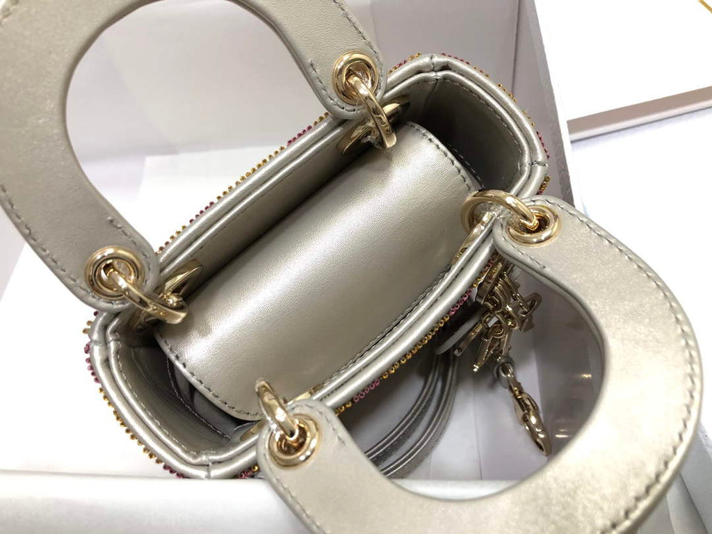 Dior S0856 MICRO LADY DIOR BAG Horizon Yellow and Pink Metallic Cannage Lambskin Embroidered with Beads