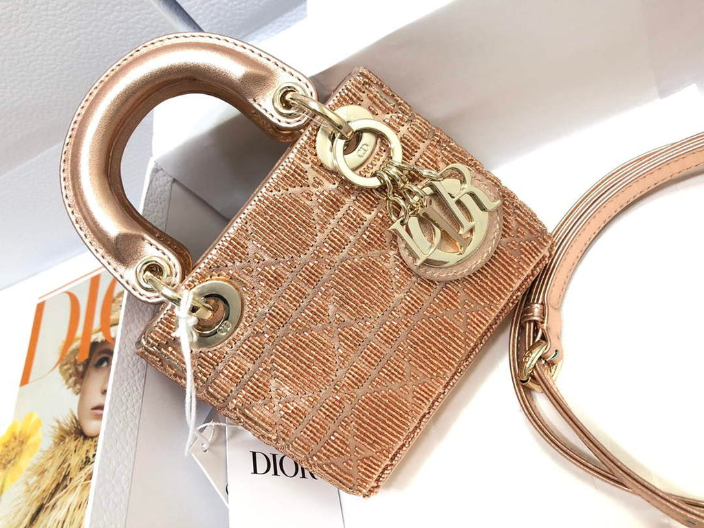 Dior S0856 MICRO LADY DIOR BAG Horizon Pink Metallic Cannage Lambskin Embroidered with Beads