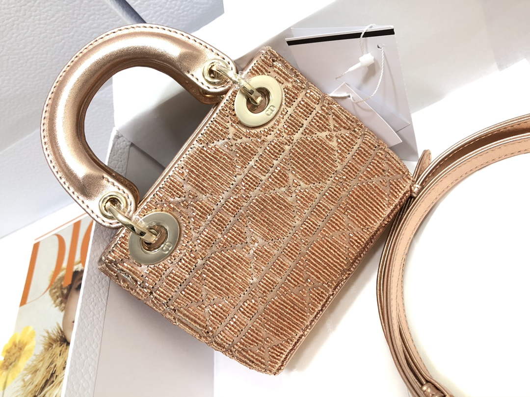 Dior S0856 MICRO LADY DIOR BAG Horizon Pink Metallic Cannage Lambskin Embroidered with Beads