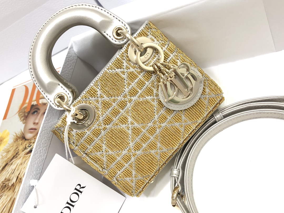 Dior S0856 MICRO LADY DIOR BAG Horizon Yellow Metallic Cannage Lambskin Embroidered with Beads