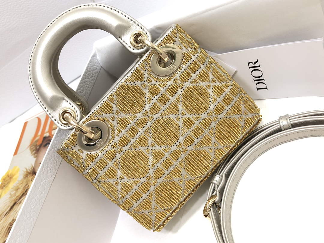 Dior S0856 MICRO LADY DIOR BAG Horizon Yellow Metallic Cannage Lambskin Embroidered with Beads