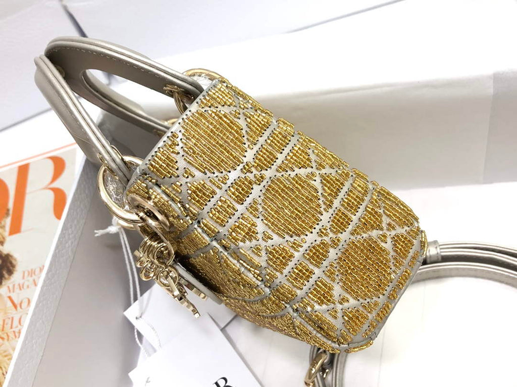 Dior S0856 MICRO LADY DIOR BAG Horizon Yellow Metallic Cannage Lambskin Embroidered with Beads