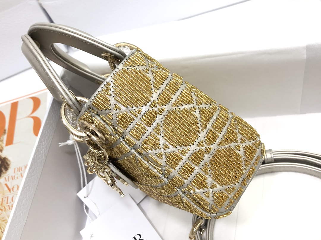 Dior S0856 MICRO LADY DIOR BAG Horizon Yellow Metallic Cannage Lambskin Embroidered with Beads