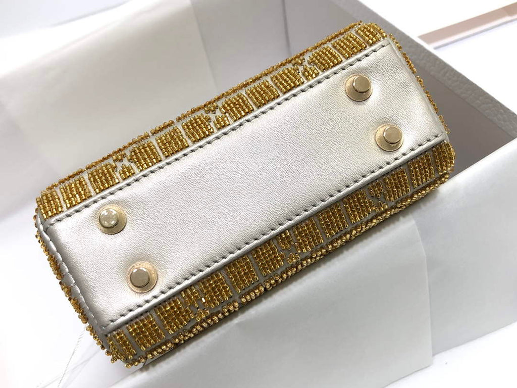 Dior S0856 MICRO LADY DIOR BAG Horizon Yellow Metallic Cannage Lambskin Embroidered with Beads