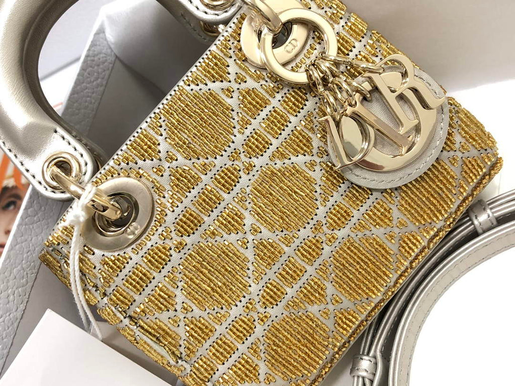 Dior S0856 MICRO LADY DIOR BAG Horizon Yellow Metallic Cannage Lambskin Embroidered with Beads