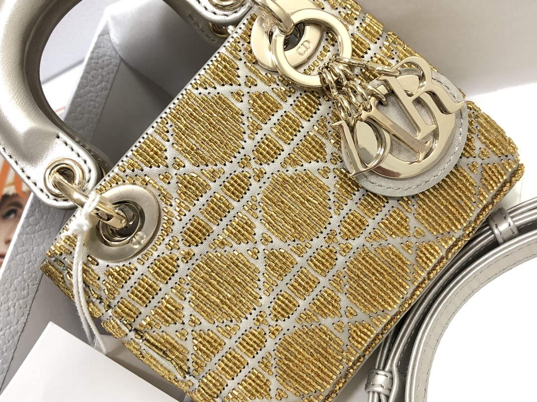 Dior S0856 MICRO LADY DIOR BAG Horizon Yellow Metallic Cannage Lambskin Embroidered with Beads