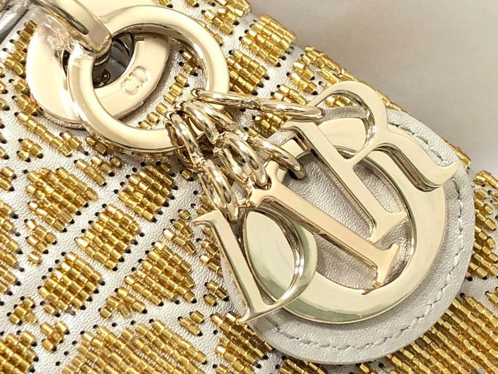 Dior S0856 MICRO LADY DIOR BAG Horizon Yellow Metallic Cannage Lambskin Embroidered with Beads