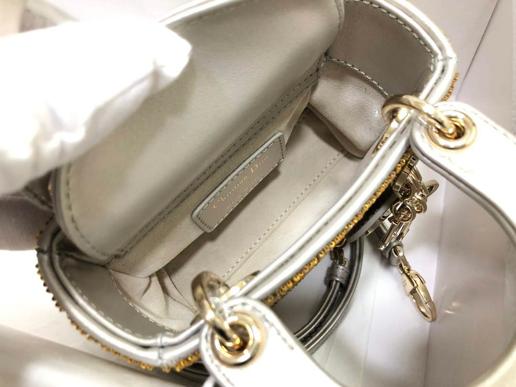 Dior S0856 MICRO LADY DIOR BAG Horizon Yellow Metallic Cannage Lambskin Embroidered with Beads