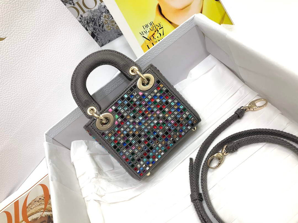 Dior S0856 Micro Lady Dior Bag Square Embroidery Set with Gray Multicolor Strass