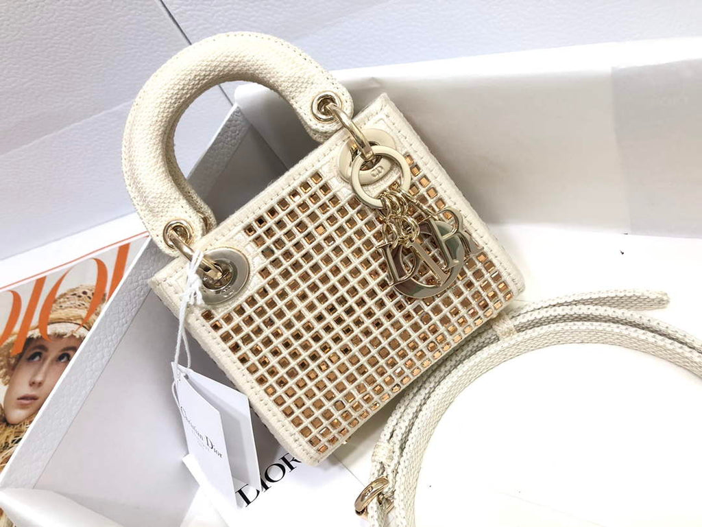 Dior S0856 Micro Lady Dior Bag Square Embroidery Set with White Multicolor Strass