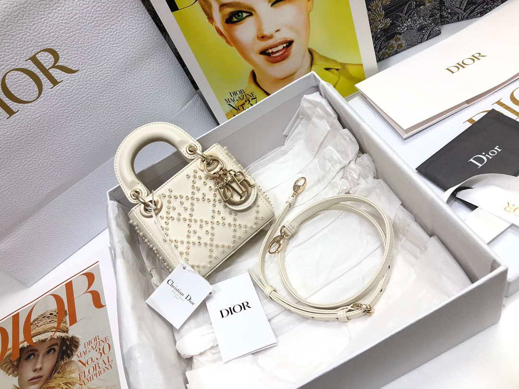 Dior S0856 MICRO LADY Dior Bag White Cannage Lambskin with Pearl