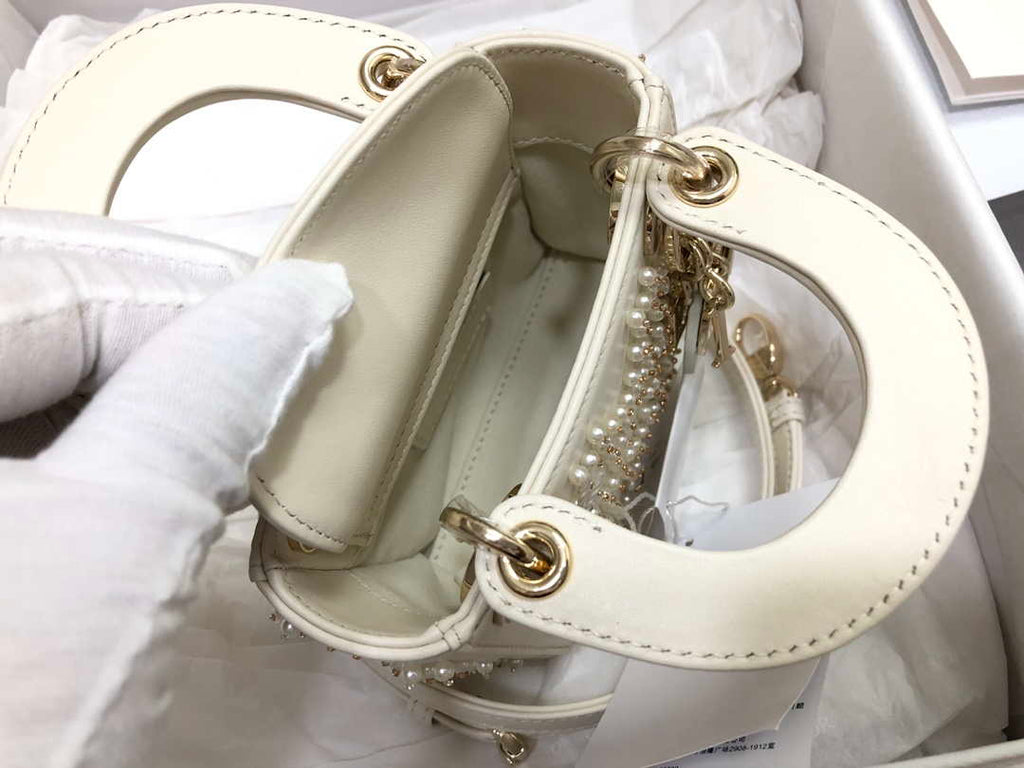 Dior S0856 MICRO LADY Dior Bag White Cannage Lambskin with Pearl