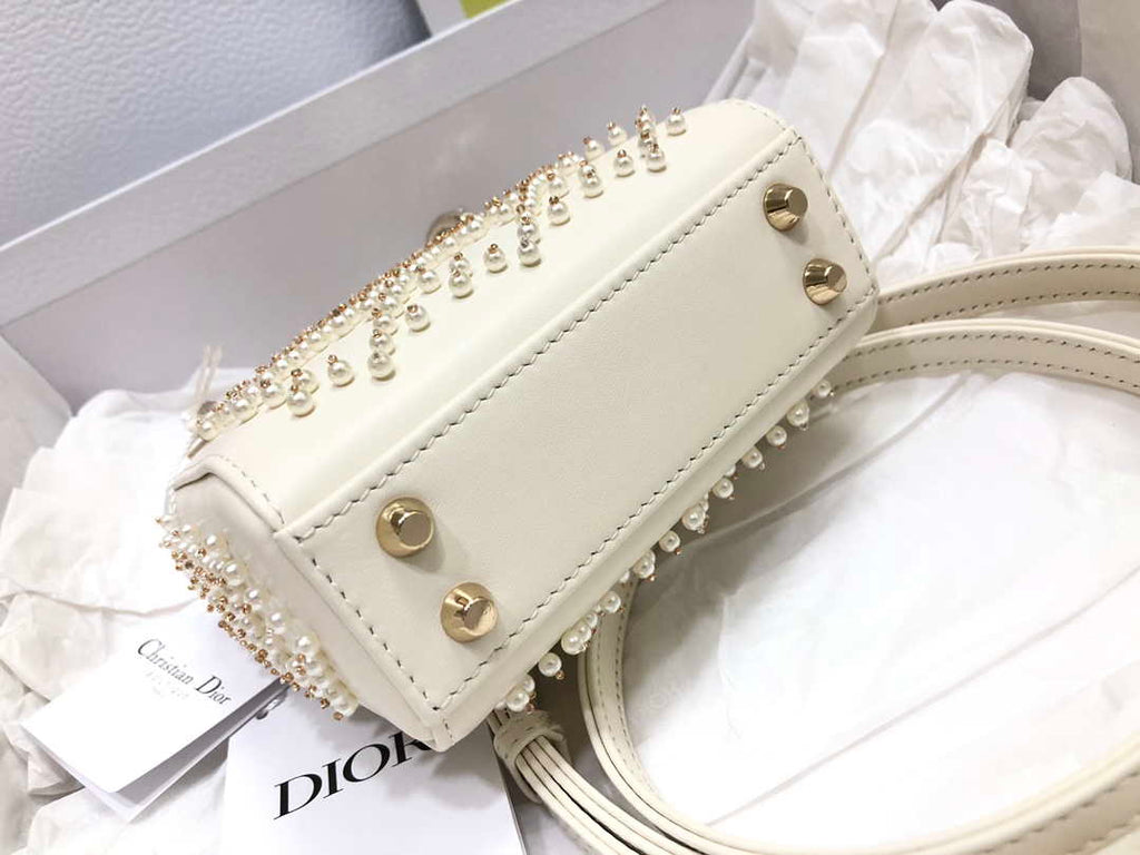 Dior S0856 MICRO LADY Dior Bag White Cannage Lambskin with Pearl