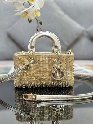 Dior S0910 Micro Lady D-joy Bag Gold-Tone Satin with Gradient Bead Embroidery - Default Title - View 1