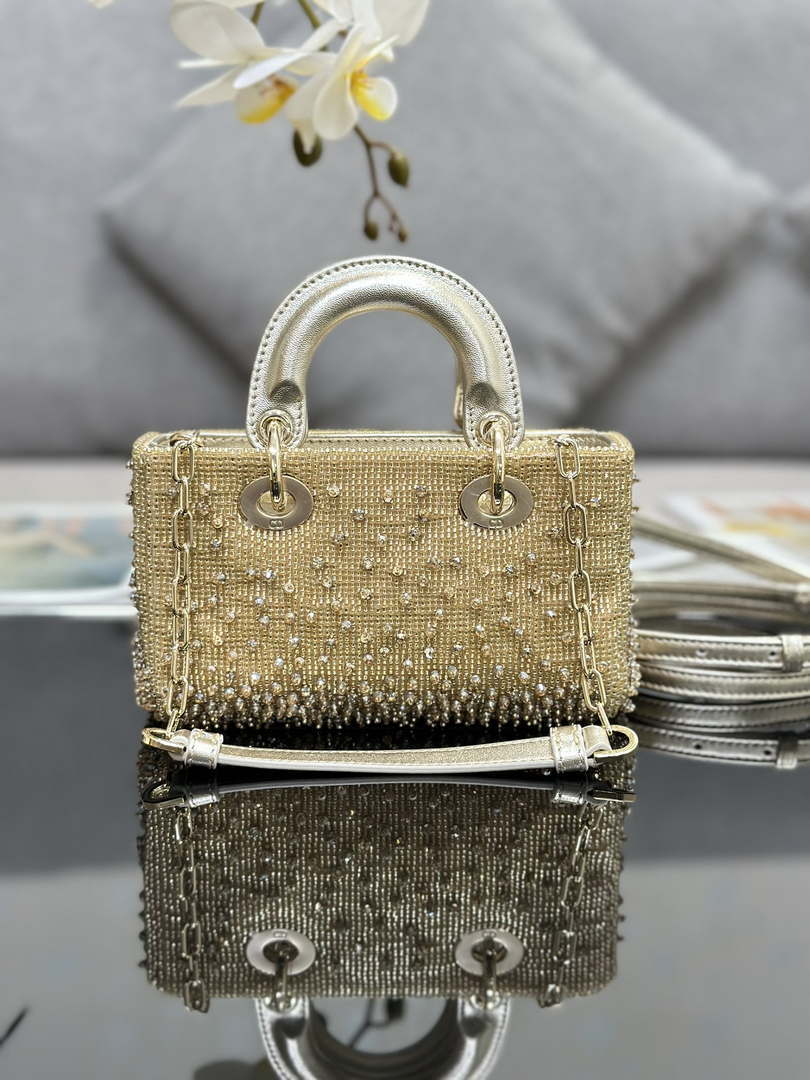 Dior S0910 Micro Lady D-joy Bag Gold-Tone Satin with Gradient Bead Embroidery