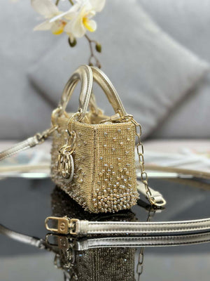Dior S0910 Micro Lady D-joy Bag Gold-Tone Satin with Gradient Bead Embroidery - Default Title - View 3