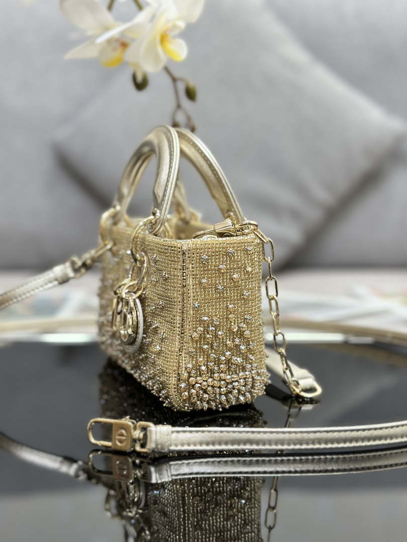 Dior S0910 Micro Lady D-joy Bag Gold-Tone Satin with Gradient Bead Embroidery