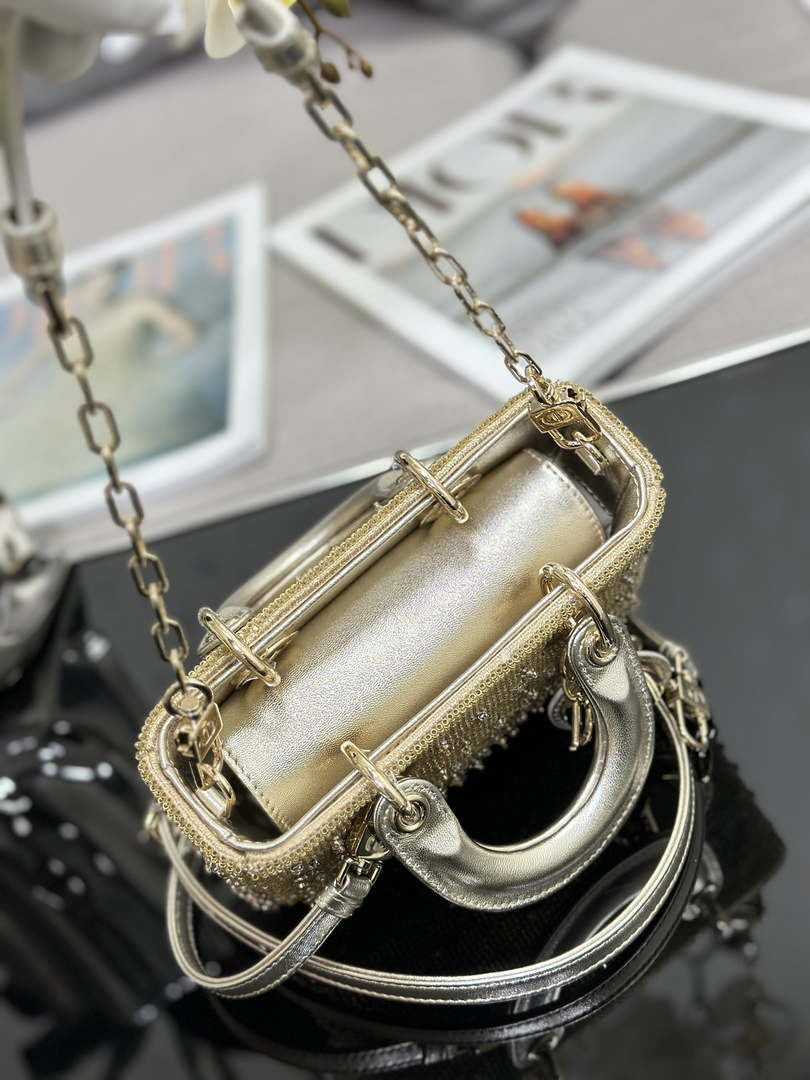 Dior S0910 Micro Lady D-joy Bag Gold-Tone Satin with Gradient Bead Embroidery