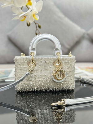 Dior S0910 Micro Lady D-joy Bag Silver-Tone Satin with Gradient Bead Embroidery - Default Title - View 1