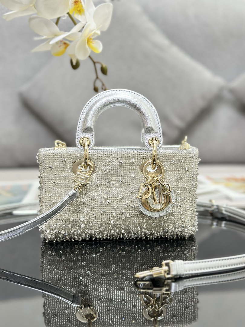 Dior S0910 Micro Lady D-joy Bag Silver-Tone Satin with Gradient Bead Embroidery - Default Title - View 1