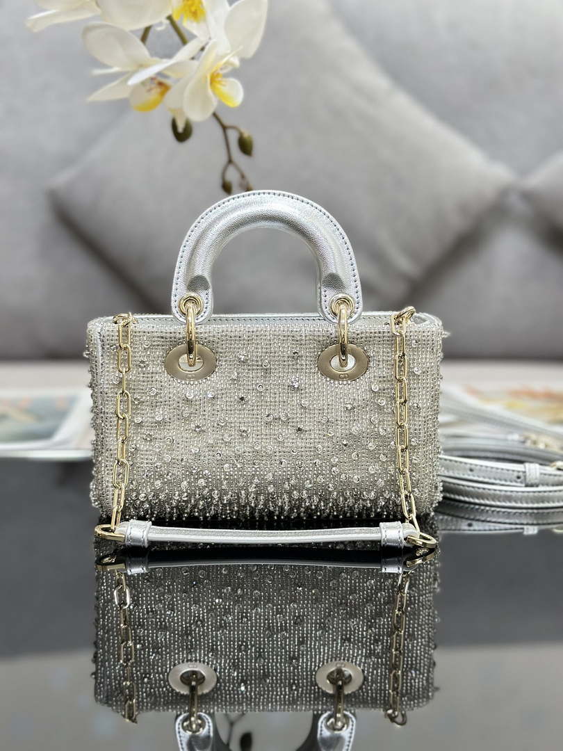 Dior S0910 Micro Lady D-joy Bag Silver-Tone Satin with Gradient Bead Embroidery