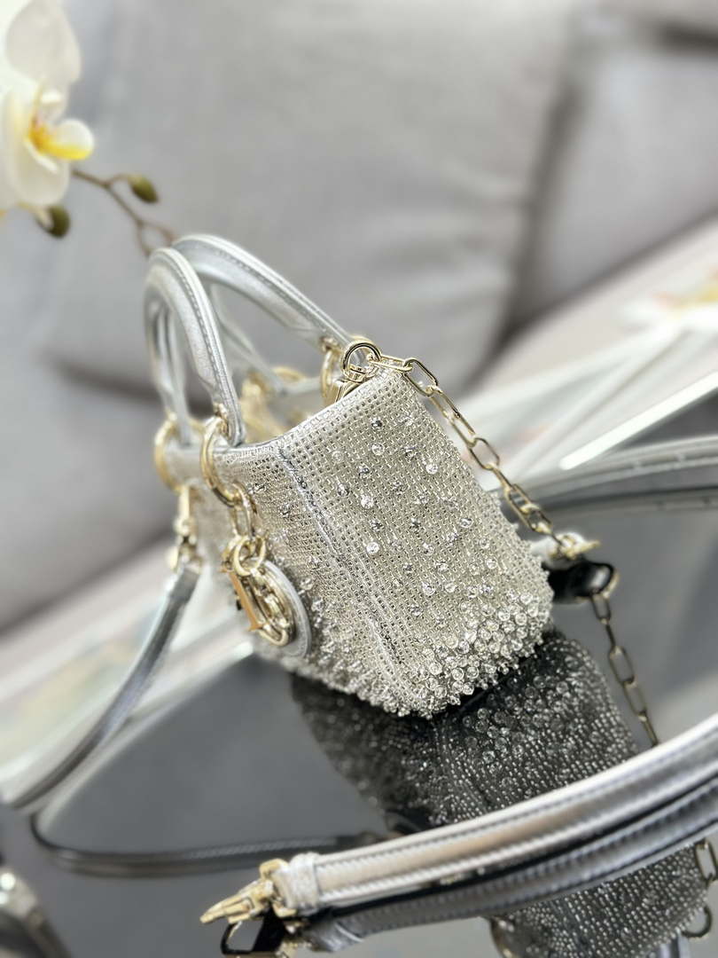 Dior S0910 Micro Lady D-joy Bag Silver-Tone Satin with Gradient Bead Embroidery - Default Title - View 3