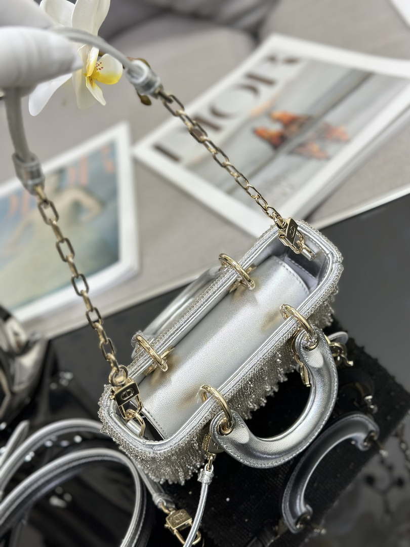Dior S0910 Micro Lady D-joy Bag Silver-Tone Satin with Gradient Bead Embroidery