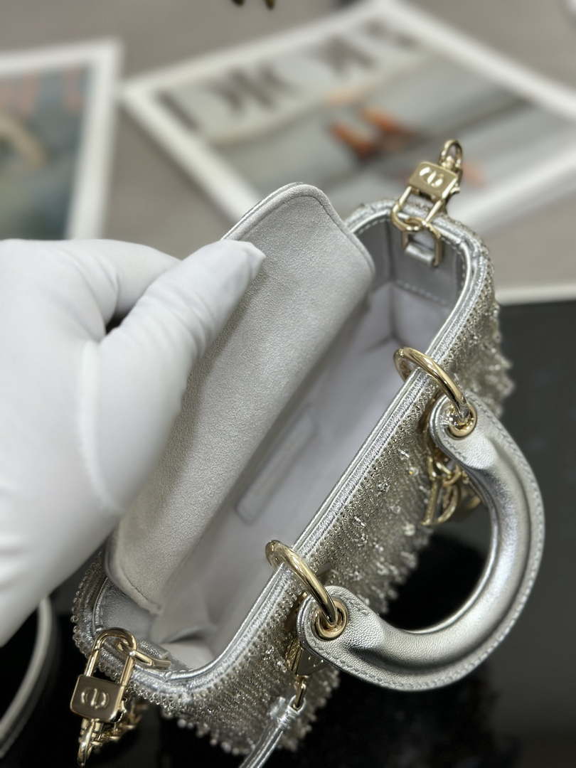 Dior S0910 Micro Lady D-joy Bag Silver-Tone Satin with Gradient Bead Embroidery