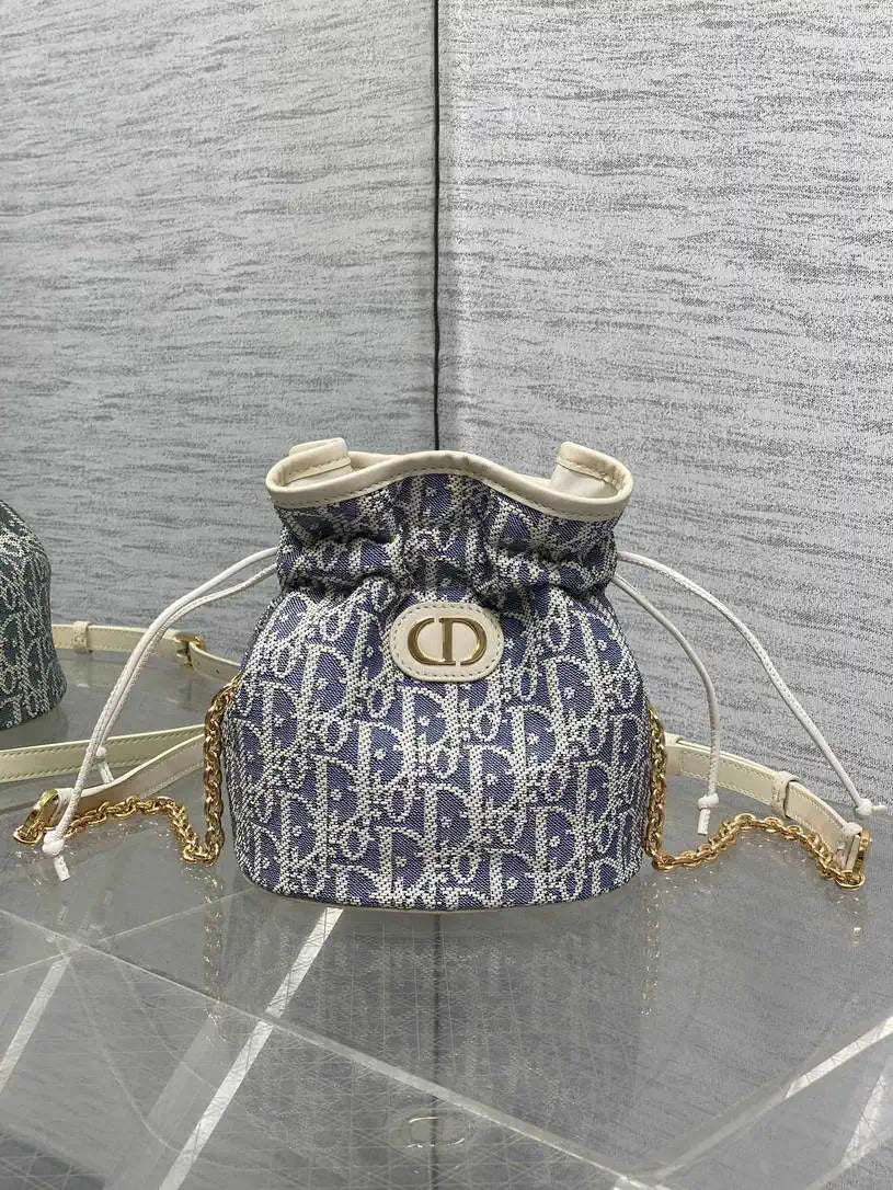 Dior S2374 30 Montaigne Mini Bucket Bag with Drawstring Blue Dior Oblique Chambray with Raffia Effect and Light Biscuit Smooth Calfskin