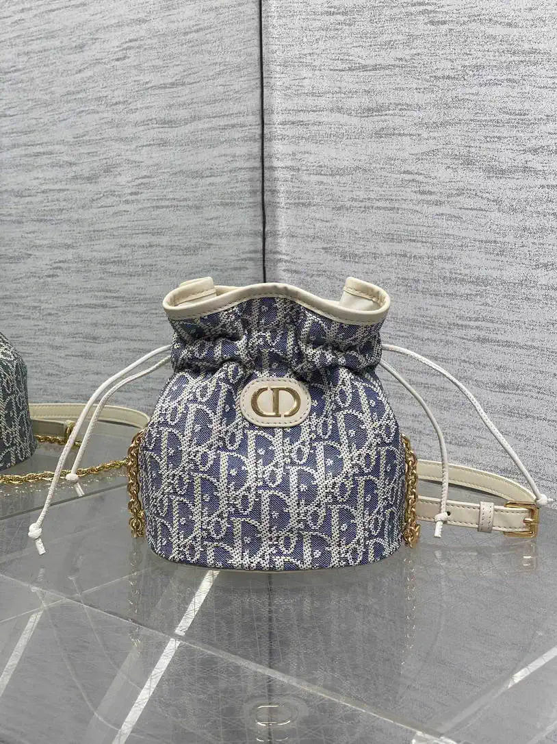 Dior S2374 30 Montaigne Mini Bucket Bag with Drawstring Blue Dior Oblique Chambray with Raffia Effect and Light Biscuit Smooth Calfskin