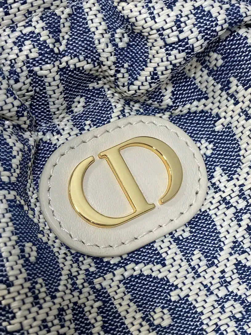 Dior S2374 30 Montaigne Mini Bucket Bag with Drawstring Blue Dior Oblique Chambray with Raffia Effect and Light Biscuit Smooth Calfskin