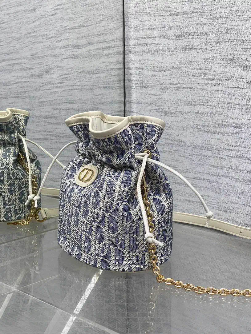 Dior S2374 30 Montaigne Mini Bucket Bag with Drawstring Blue Dior Oblique Chambray with Raffia Effect and Light Biscuit Smooth Calfskin