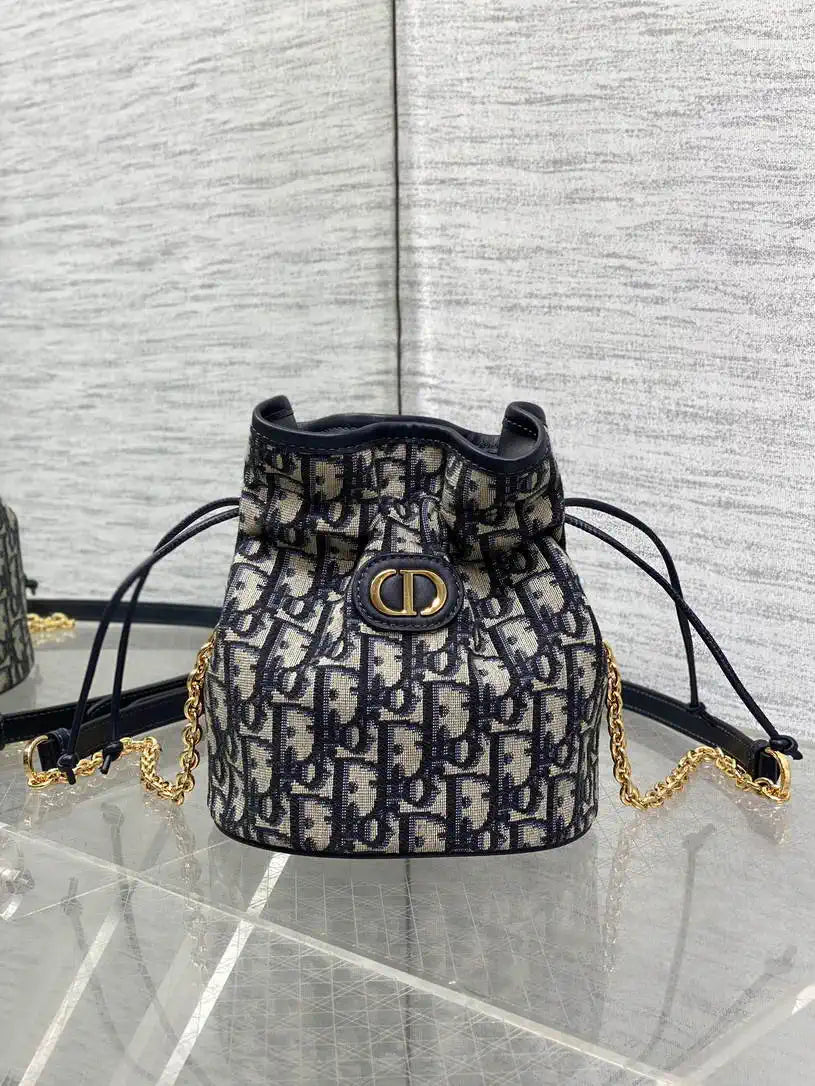 Dior S2374 30 Montaigne Mini Bucket Bag with Drawstring Blue Dior Oblique Jacquard