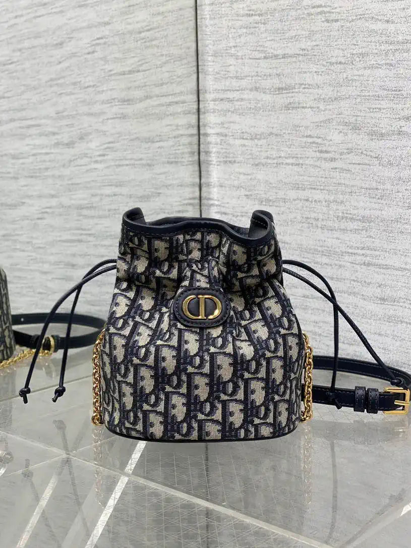 Dior S2374 30 Montaigne Mini Bucket Bag with Drawstring Blue Dior Oblique Jacquard