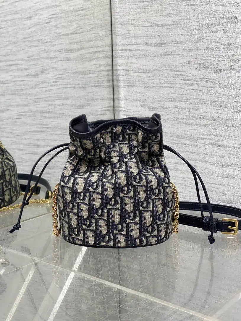 Dior S2374 30 Montaigne Mini Bucket Bag with Drawstring Blue Dior Oblique Jacquard